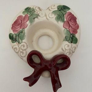 Vintage Ceramic Heart Shape Pink Rose Floral Candle Tea Light Holder with Bow